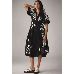 Anthropologie Short-Sleeve Embroidery Applique Midi Dress Medium M NEW